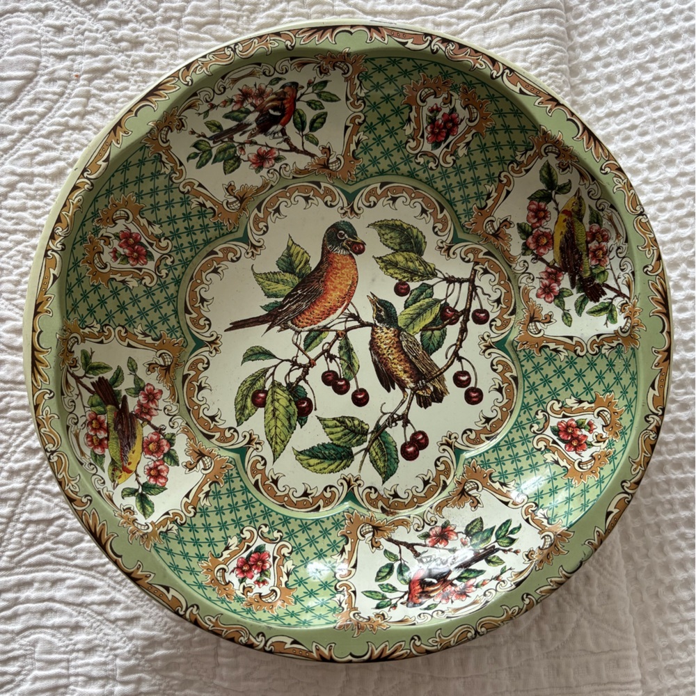 Vintage Bird Motif Tin Bowl/Plate
